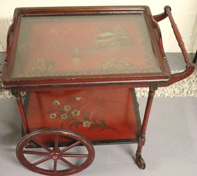 Early 20 Th Century Hand Painted Wood Cocktail/serving Cart With Chinoiserie Motifs