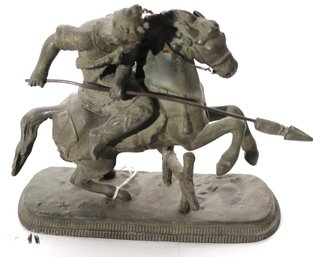 Antique Metal Figurine Of Knight On Horseback With Spear
