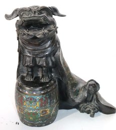 Chinese Cast Bronze & Cloisonn Foo Dog / Guardian Lion With Beautiful Antique Patina