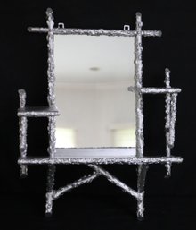 Silver Colored Wall Shelf With Twiglike Effect, And Mirror