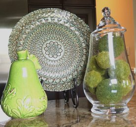 Pretty Art Glass Plate/charger With Stand, Ceramic Pear With A Crackle Finish & Glass Canister