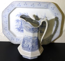 Blue And White W And C Messina Serving Platter And Large English Staffordshire Water Pitcher Circa 1840