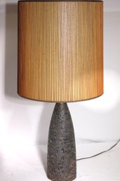 Vintage MCM Cork Table Lamp With Round Slat Style Shade
