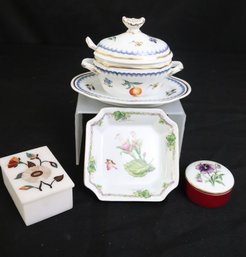 Lot Of Mixed Porcelain Small Pieces With Ginori, Limoge Box,  Winterthur Small Bowl And Inlaid Alabaster Box.