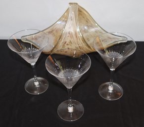 Blown Glass Basket Includes 3 Stylish Martini Glasses