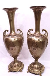 Spectacular Pair Of Tall Glass Urns With Elaborate Burgundy Florets On Gold Background.