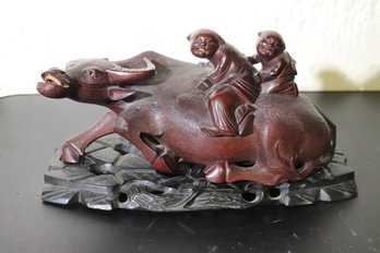 Vintage Chinese Carved Wood Asian Water Buffalo With Stand