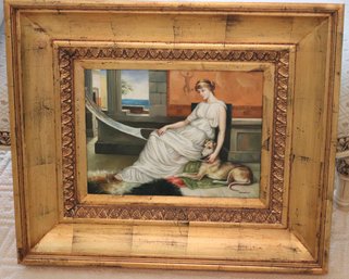 Painting Of A Woman With Her Companion Signed By The Artist Richardon In A Heavy Solid Wood Gilded Frame.