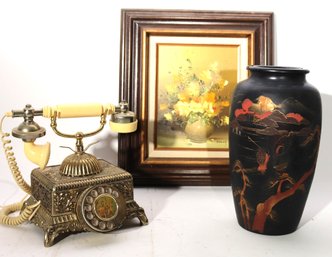 Rotary Retro Victorian Style Telephone In Gold Finish With Floral, Still Life And Japanese Vase