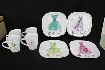 Four Tall Mugs And Luncheon Plates By Rosanna Featuring Womens  Colorful Party Dresses