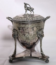 Antique English Biscuit/sugar Bowl With Engraved/embossed Design And Stag Wild Deer Handle On The Top