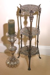 Vintage Patinated Ornate Brass 3 Tier Stand Made In Italy Includes Decorative Hand Forged Tin Candle Holder