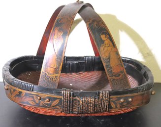 Vintage Hand Painted Chinese Woven Wood Basket