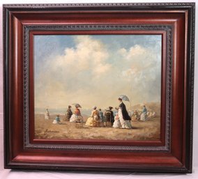 Contemporary Decorative Painting Of A 19th Century Coastal Scene With Ladies In Petticoats.