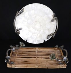Two Decorated Serving Trays In Mother Of Pearl And Rattan With  Beautiful Handles.