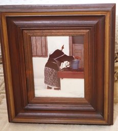 Framed Vintage Photograph Of Village Woman Doing Chores In Wood Frame.