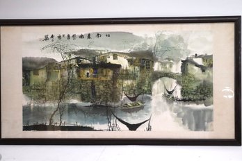 Large Hand-painted, Watercolor, Modernist Style Painting Of Chinese Walled City With Calligraphy And Red S