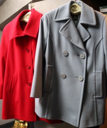 Vintage Cinzia Rocca Sz.10 Light Blue Ladies Angora Wool Pea Coat And Basler Ladies Red Wool Coat Sz.38