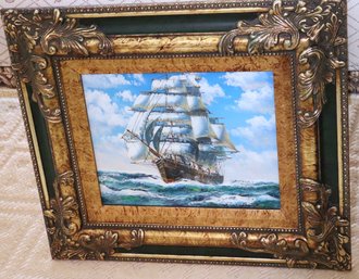 Nautical Sail Ship Painting On Board Signed By The Artist In The Lower Left Corner
