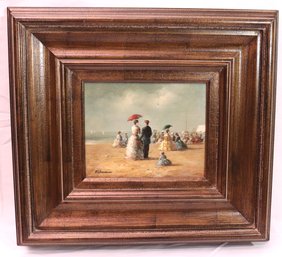 Painting Of 19th Century Style Beach Scene With Ladies Carrying Parasols, In A Wide Wood Frame
