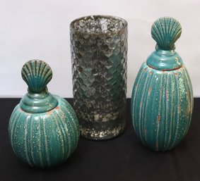 Pretty Turquoise Toned Urns With Seashell Accented Lids