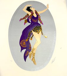 Authentic Erte Seriagraph Of Lovely Lady In Purple Dress With Signature, Number And Embossed