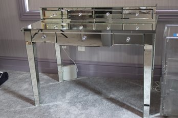 Stylish Hollywood Regency Style Mirrored Desk With Obelisk Style Legs And 7 Drawers