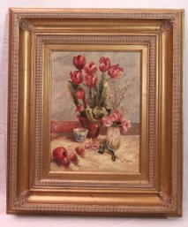 Still Life Painting With Red Tulips And Cherry Blossoms Enhanced By Elegant Gold Leaf Frame.