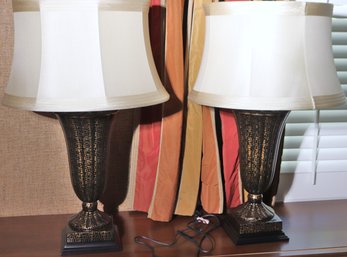 Pair Of Stylish Urn Style Table Lamps With Silk Shades