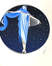 Erte Woman In Blue Dress Serigraph, Authentic Signed, Numbered And Embossed Stamps Edition