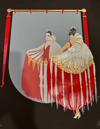 Beautiful Deco Style Erte Serigraph Woman With Red Gown Looking In Mirror