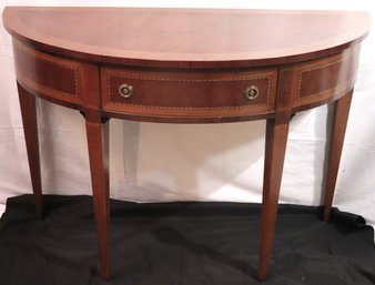 Elegant Inlaid Mahogany Demi Lune Console Table Made In Italy.