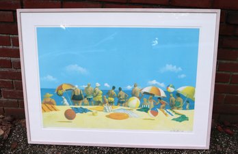 M. Paraskevas Limited Edition Signed Lithograph Of Beach Scene With Figures And Beach Umbrellas.