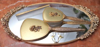 Beautiful Brass Vanity Tray With Rose Accents, Includes Brush, Comb And Mirror Set!