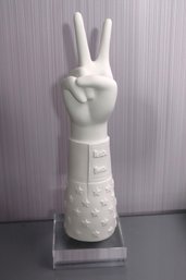 Johnathan Adler Peace Symbol Hand In Bisque On Lucite Base