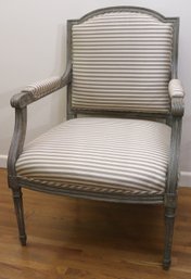 Custom French Style Accent Chair Painted In A Distressed Gray Finish With Gray And White Linen Fabric