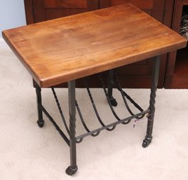 Oak Top Side Table With Wrought Iron Base Magazine Holder.