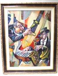 Large Vintage Painting Of Jazz Musicians By Israel Rubinstein In Decorative Frame