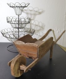 Primitive Wood Wheel Barrow Decor And 3-tiered Wire Basket