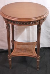 Round Louis XVI Style Side Table With Carved Wood Border And Rattan Shelf