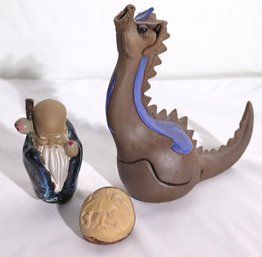 Vintage Pottery Dragon Incensor Signed On The Side, Miniature Wiseman, Carved Wood Dragon And More