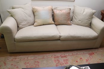 Custom Made Sofa In A Textured Linen/Raw Silk With Fabric Includes Zipper Back Cushions And