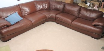Bloomingdales Chocolate Brown Leather Sectional With Square Block Legs.