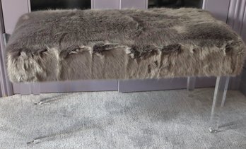 Grey Faux Shearling Bench With Lucite Legs
