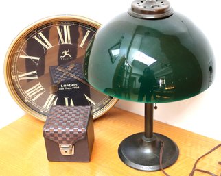 London Infinity Battery Operated Clock Decor, Bombay Leather Box With A  Woven Top & Vintage Desk Lamp