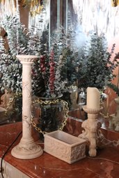 Home Decor Includes A Tall Candle Pillar, Floral Arrangement And More As Pictured. Includes Assorted Sized Pie