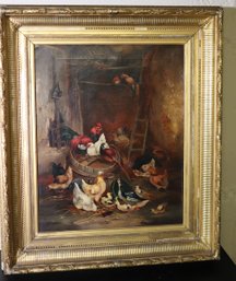 Antique Painting Of A Hen House In The Frame