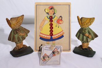 Pair Of Vintage Cast Iron Sun Bonnet Girl Bookends, Parisian Innovation Garter Ribbon Novelties And More