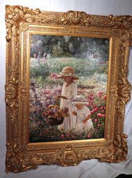 A Large Painting On Canvas Of Two Girls In A Field Of Flowers, With An Elaborate Baroque Frame.
