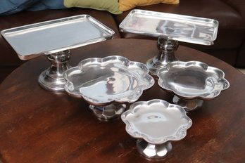 Lot Of 5 Silver Metal Footed Serving Platters Sizes Range From 8 Inch To 14 Inch.
